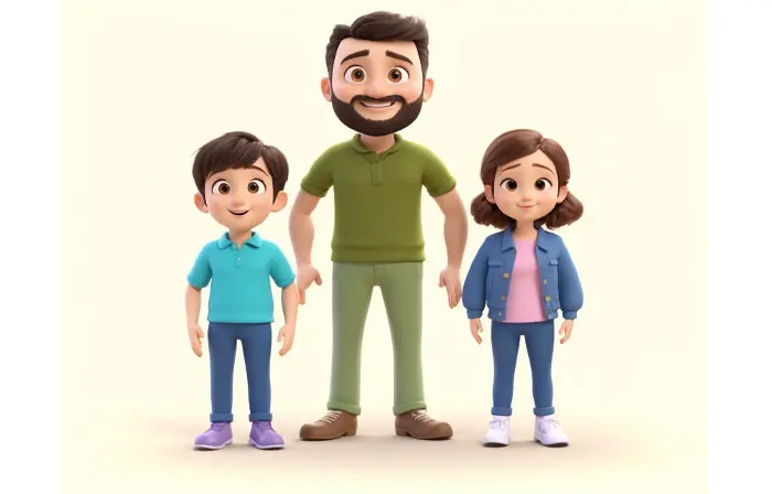 Happy Kids with the Father 3D Cartoon Design Illustration